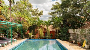 Piscina rectangular con bordeado de azulejos, rodeada de abundante vegetación y una pérgola con sillones de descanso.