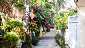 A narrow alleyway with a concrete path flanked by lush greenery and flowering plants. - The Watermark Beachside Hotel (Da Nang)