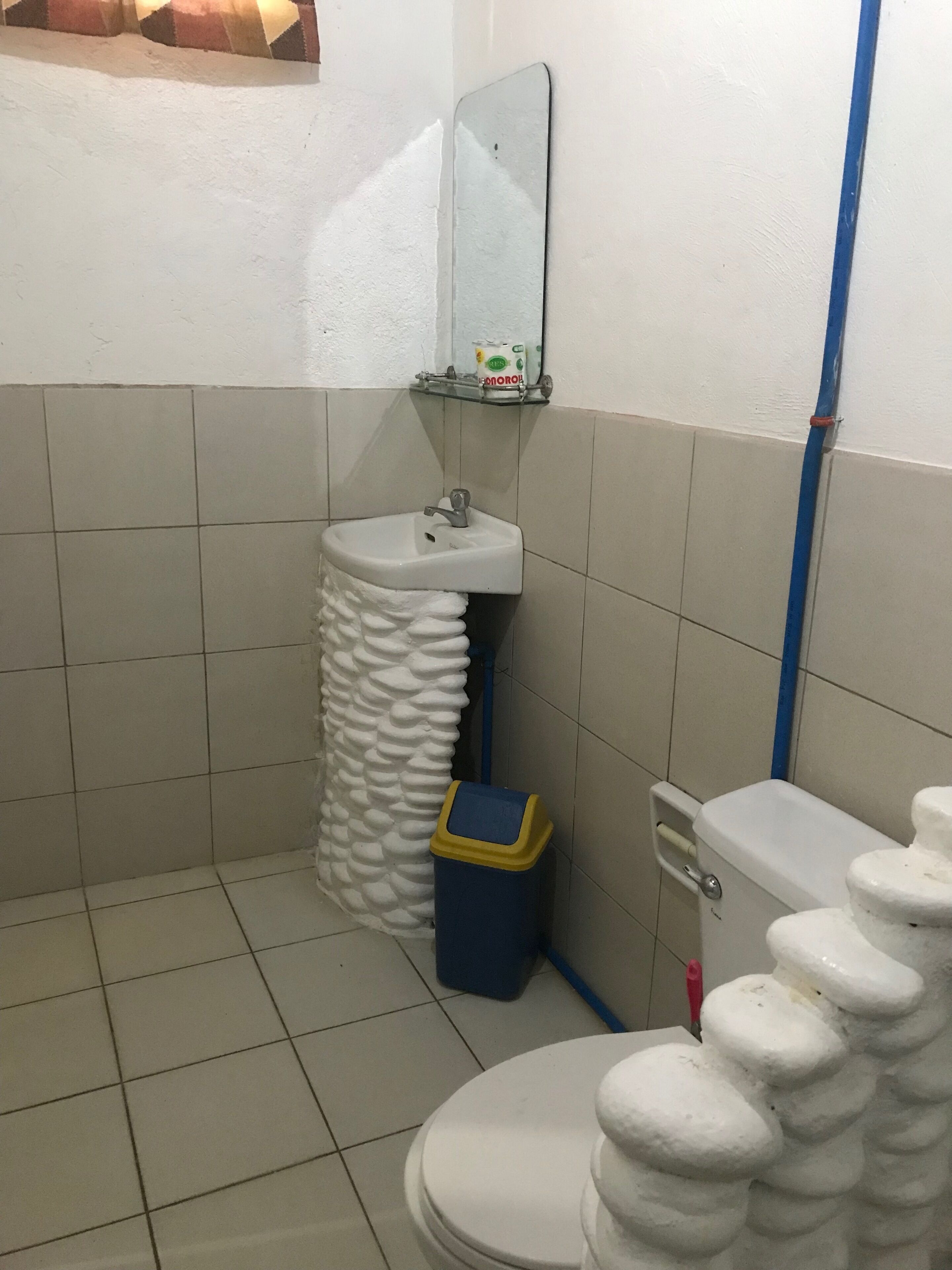 A bathroom with a toilet, sink, and a blue trash bin.