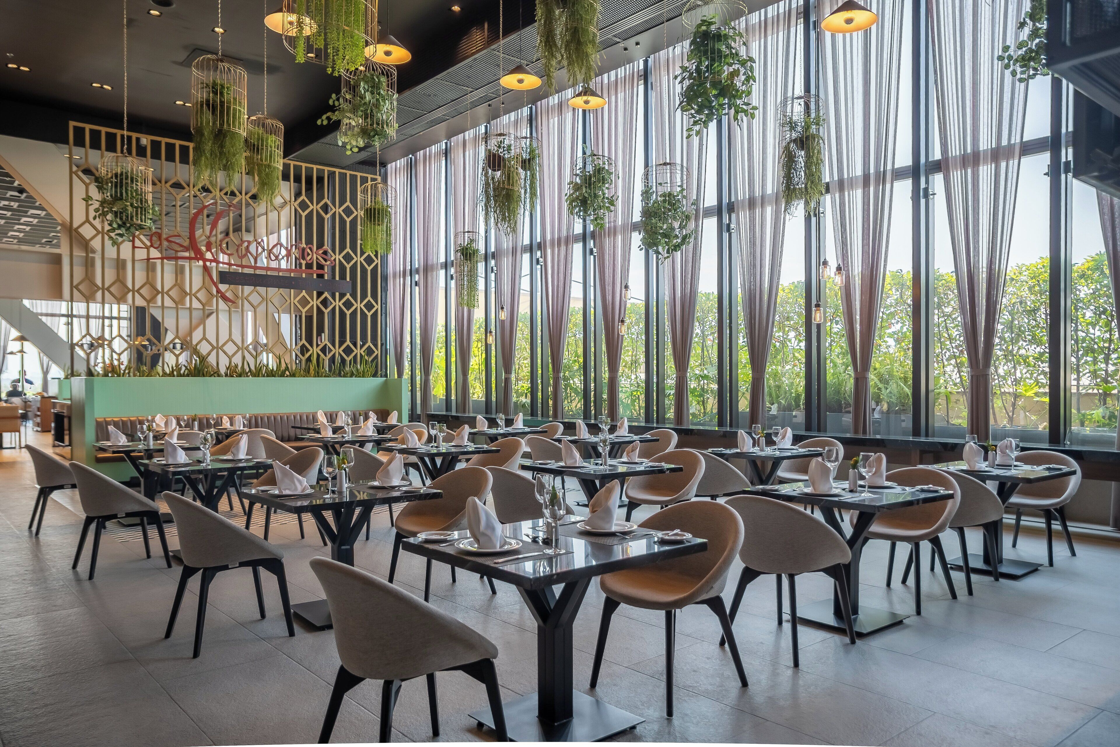 Un restaurante espacioso con techos altos, plantas colgantes y ventanas amplias que ofrecen vistas al verdor. Las mesas están bien dispuestas con sillas.