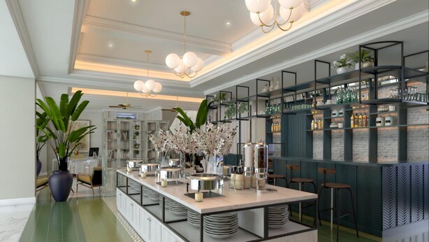 A modern kitchen with a central island, bar area with shelves, and a seating area with chairs. - Jambuluwuk Thamrin Hotel (Jakarta)