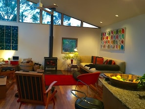 Smart TV, fireplace, books, stereo