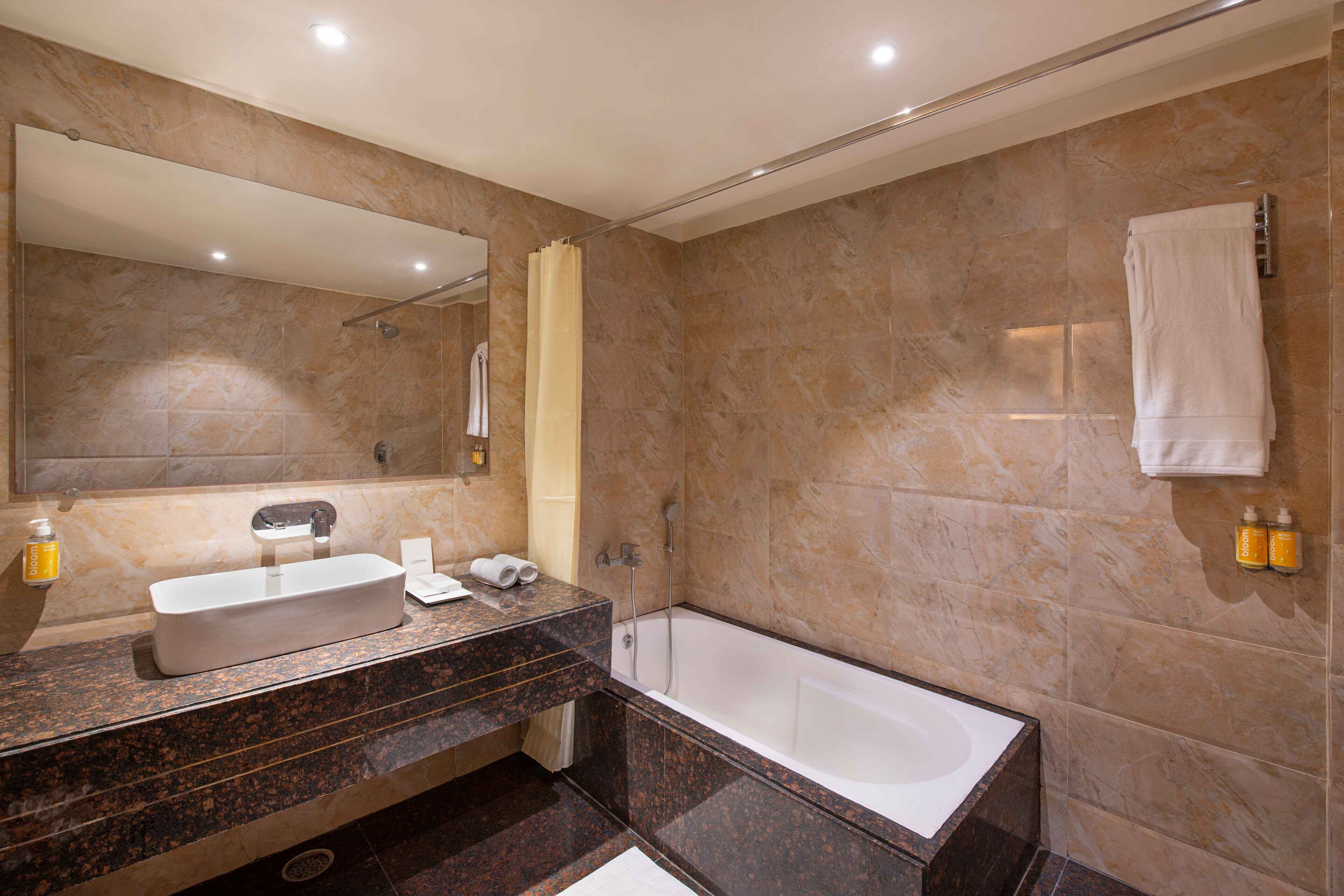 signature suite | bathroom | shower, rainfall showerhead, free toiletries, hair dryer