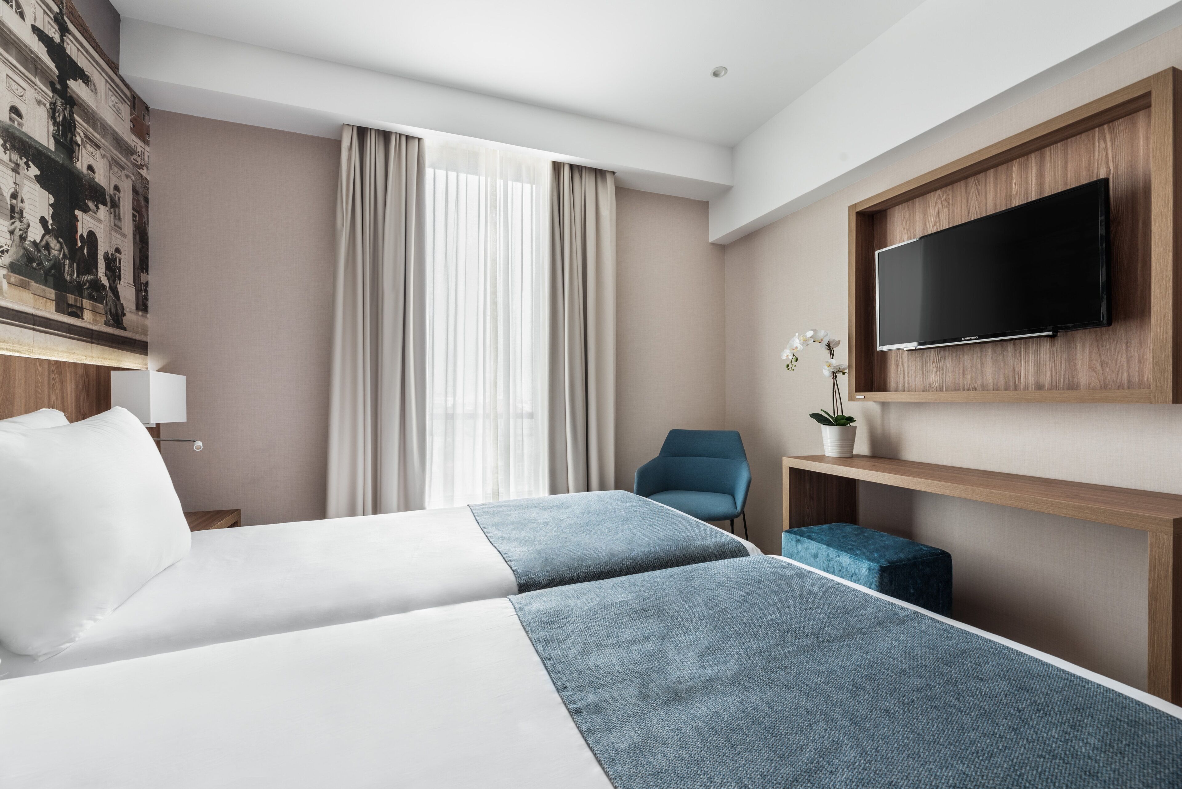 Une chambre d’hôtel avec deux lits, un téléviseur fixé au mur, une chaise et une petite table avec une plante.