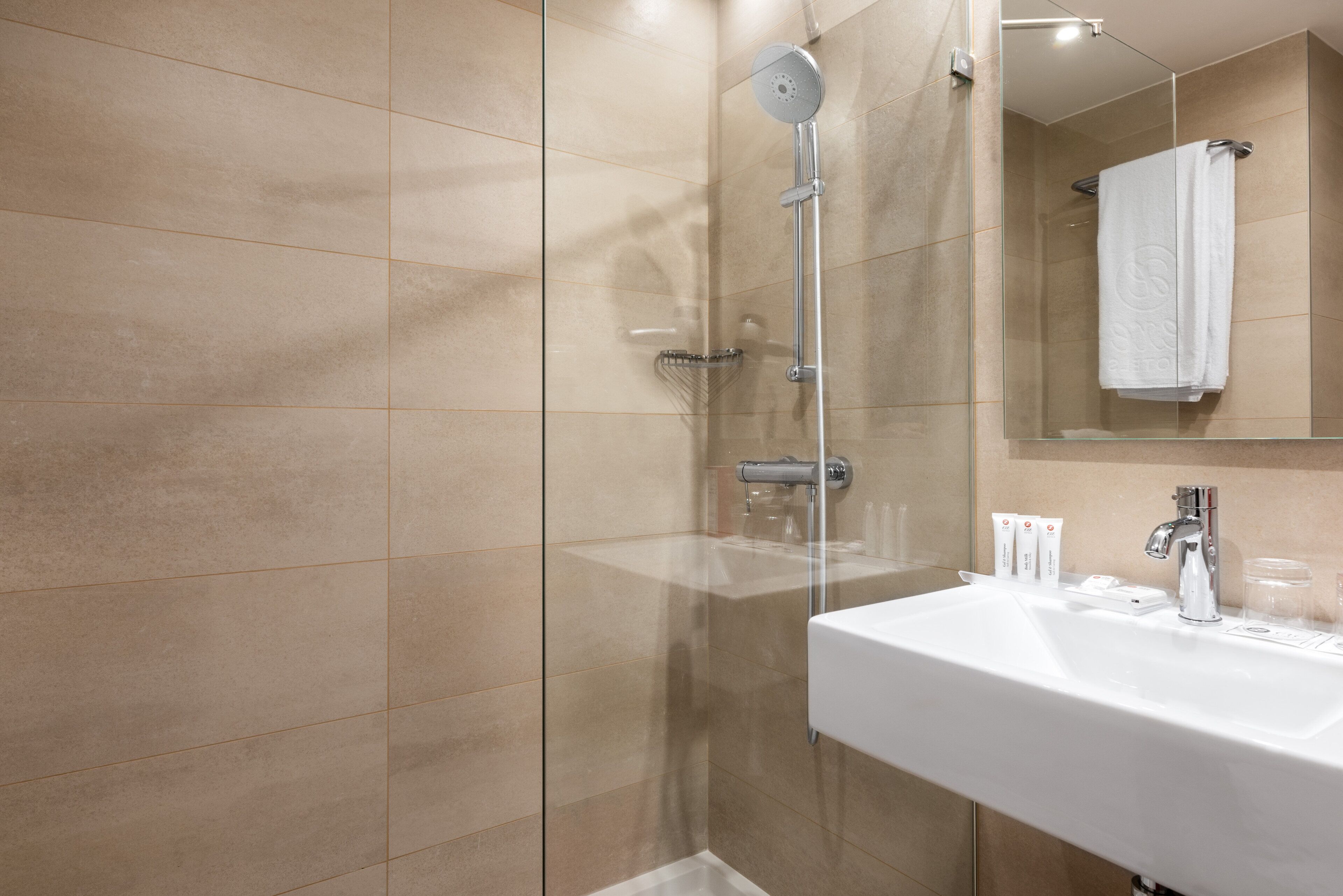 A modern bathroom with a glass-enclosed shower, a white sink, and a mirror above the sink.