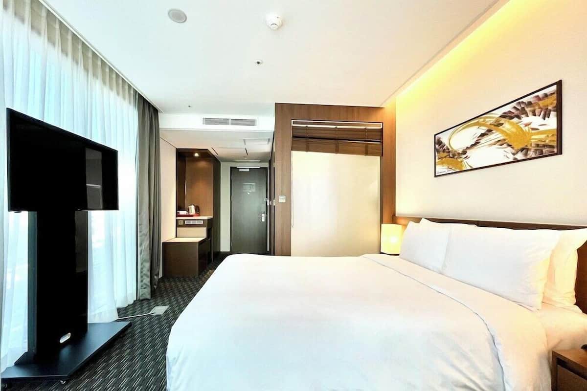 Una habitación de hotel con cama, televisión, baño y puerta.
