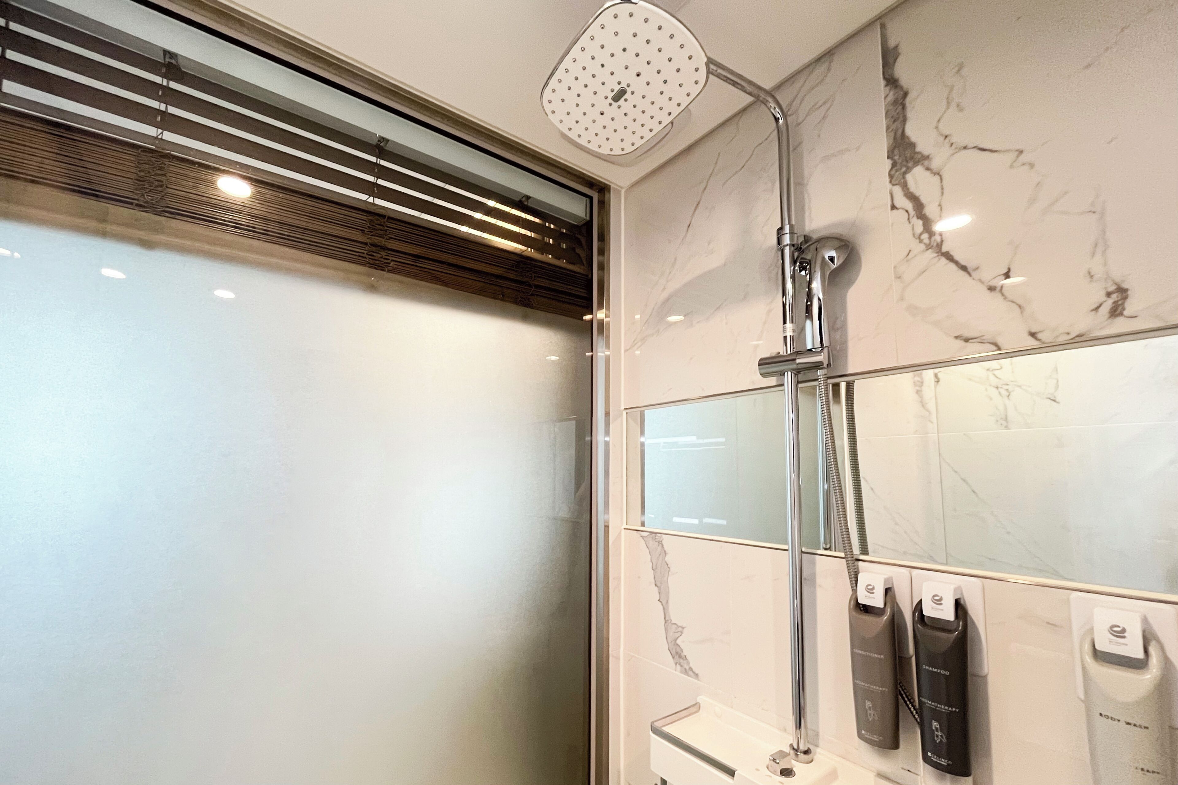 A modern bathroom with a shower, a glass enclosure, and a marble wall.