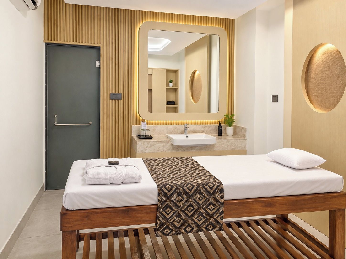 Una habitación de hotel con cama, mesita de noche, espejo, lavabo y toalla.