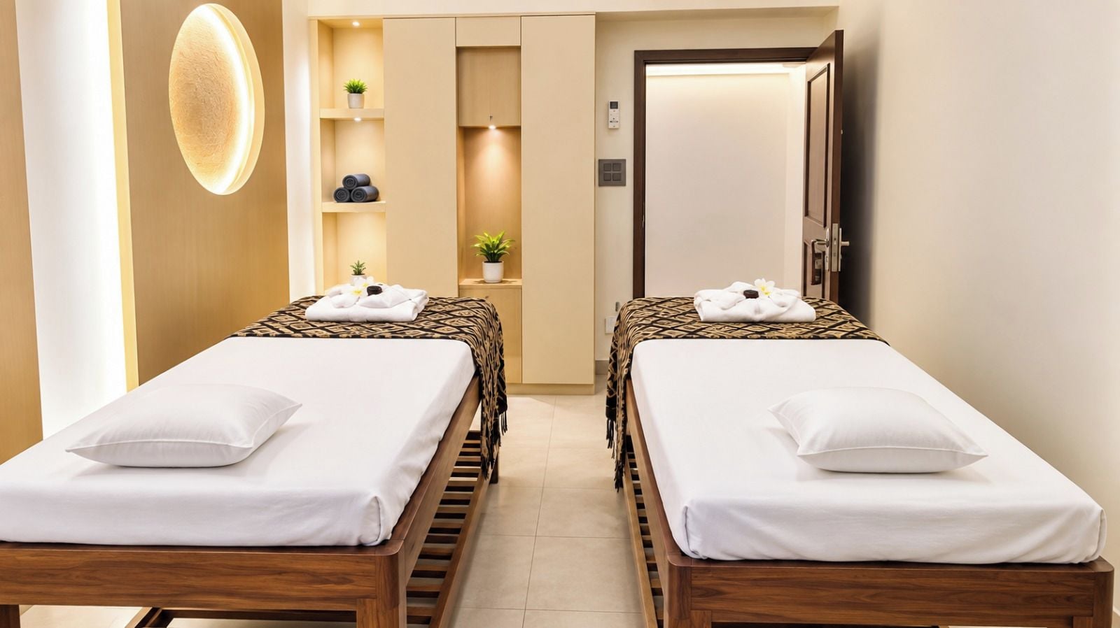 A hotel room with two single beds, a small seating area, a door, and a wall-mounted shelf with plants.