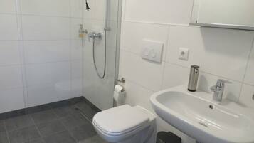 Dusch, gratis toalettartiklar, hårtork och handdukar