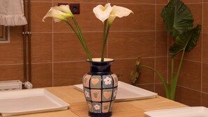 A bathroom with a tiled wall, a vase with flowers, and a towel hanging on the wall. - Rooms Vlado (Daruvar)