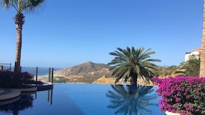 A clear blue infinity pool with a view of the ocean and mountains, surrounded by palm trees and purple flowers.