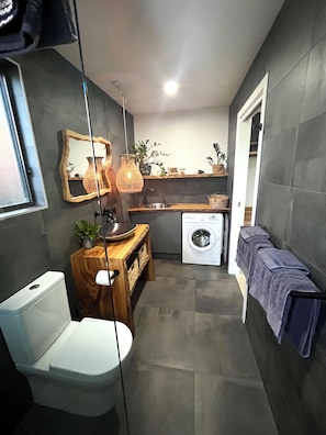 Shower, hair dryer, towels, soap