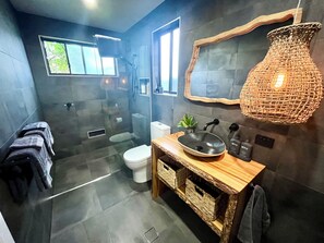 Shower, hair dryer, towels, soap