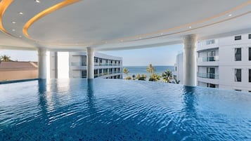 Indoor pool, outdoor pool, sun loungers