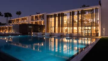 Outdoor pool, pool umbrellas, pool loungers