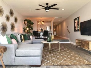 TV, DVD player, books, music library