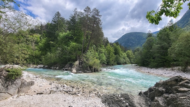 A river flowing through a forested area with rocky terrain and mountains in the background. - Apartmaji Skok (Bovec)
