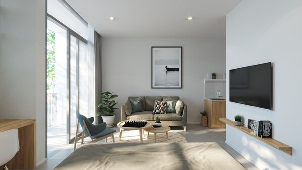 ดีลักซ์สตูดิโอ, ระเบียง, วิวสวน (B) | ผ้าปูที่นอนฝ้ายอียิปต์, เครื่องนอนระดับพรีเมียม, ห้องเก็บเสียง