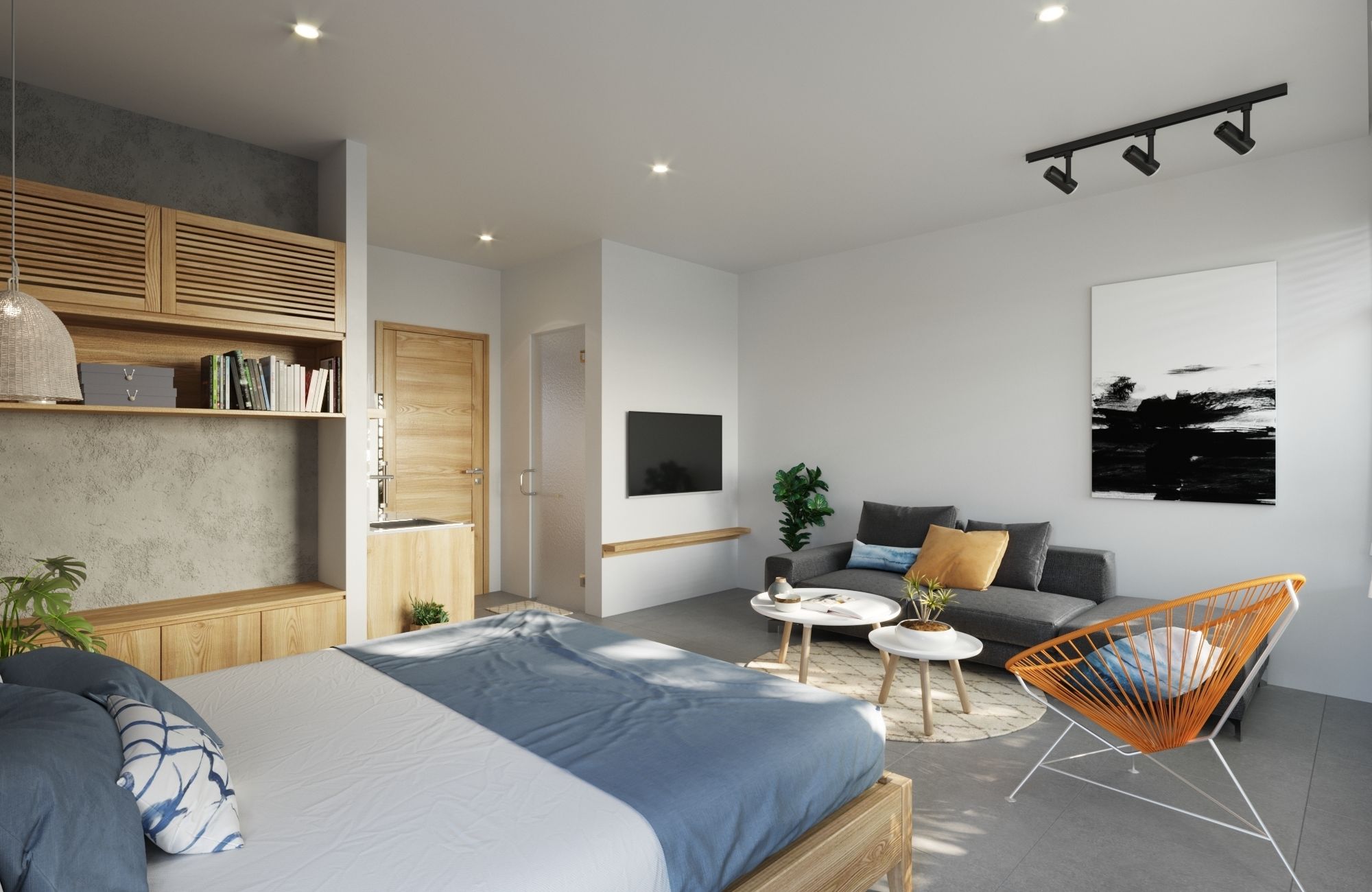 A modern bedroom with a large bed, a wooden wardrobe, a grey sofa, a small round table, and a unique orange chair.
