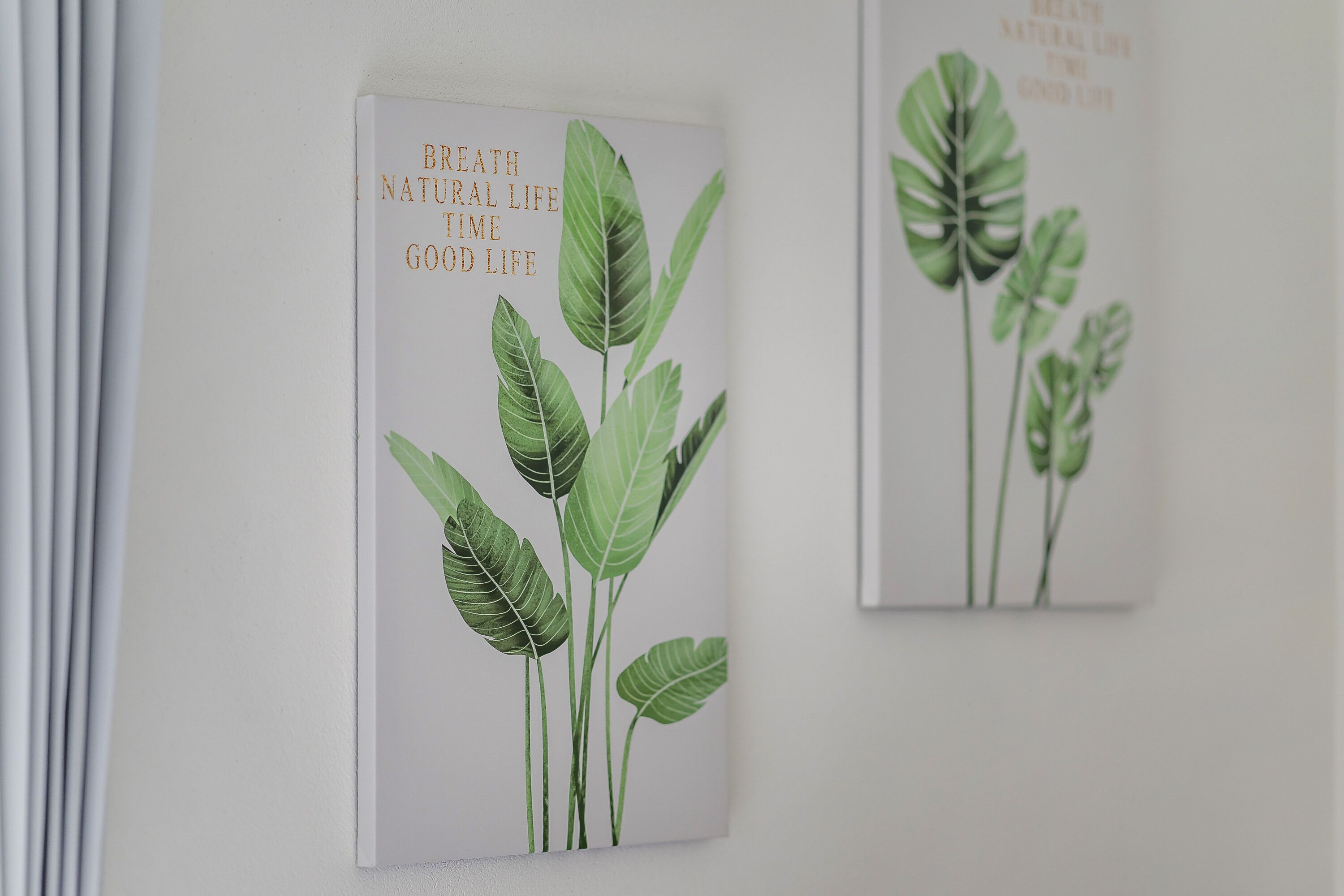 Two wall-mounted artworks featuring green leaves and inspirational text.