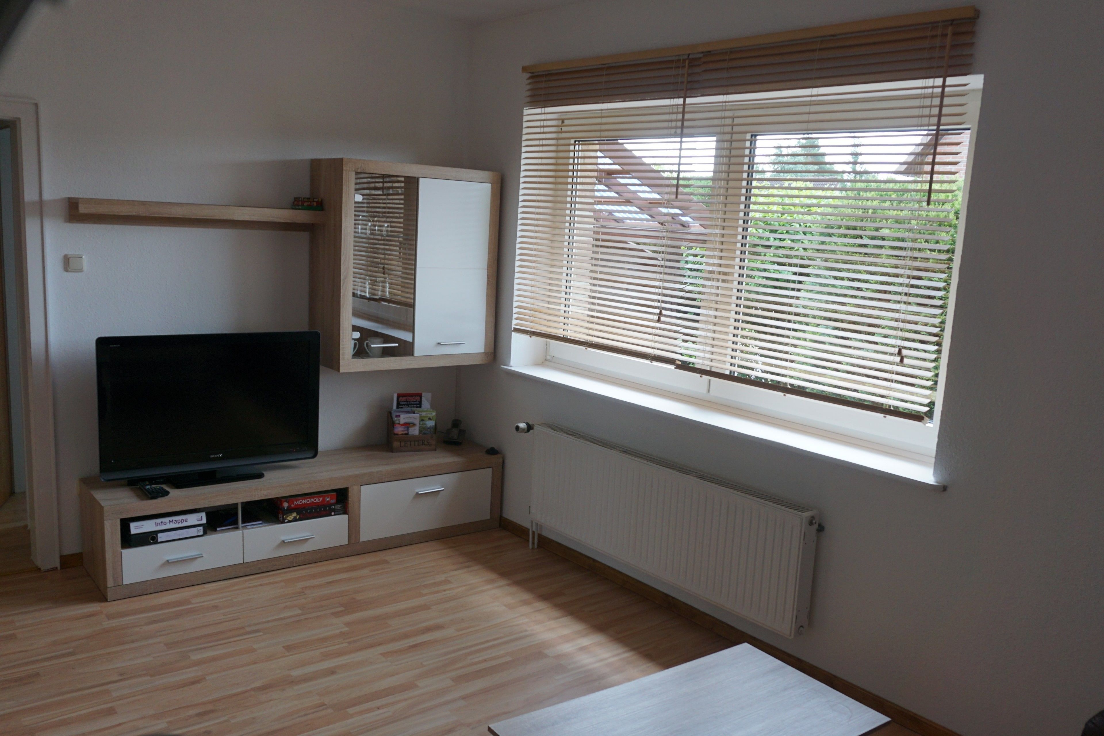 A room with a television on a wooden cabinet, a window with blinds, and a radiator.