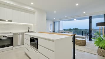 Full-sized fridge, microwave, oven, stovetop