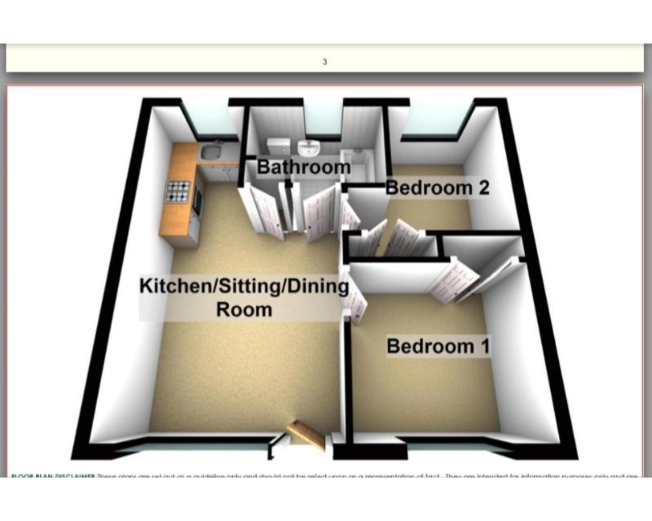 A floor plan with a kitchen/dining area, two bedrooms, and a bathroom.