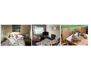 Habitación de hotel con cama, televisión, chimenea, sofá y mesa de comedor para dos.