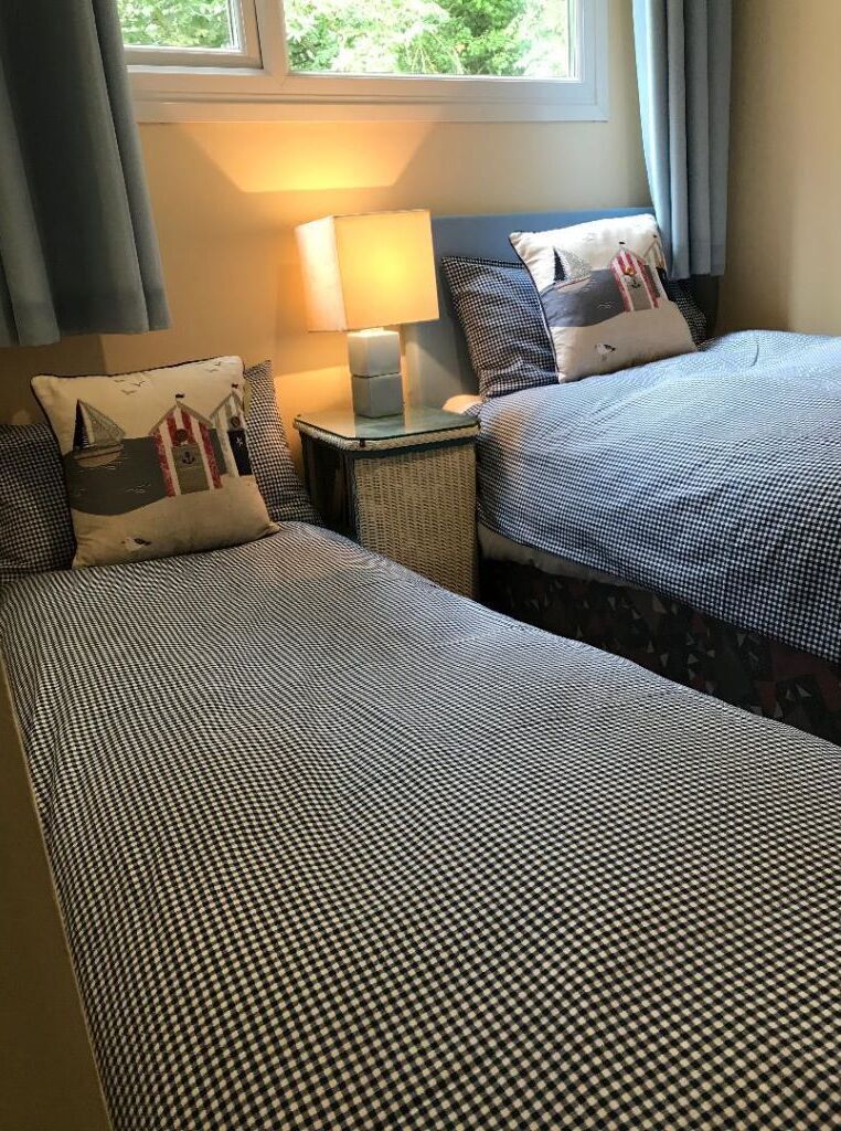 Two adjacent beds with checkered bedding, a bedside lamp, and a window with curtains.