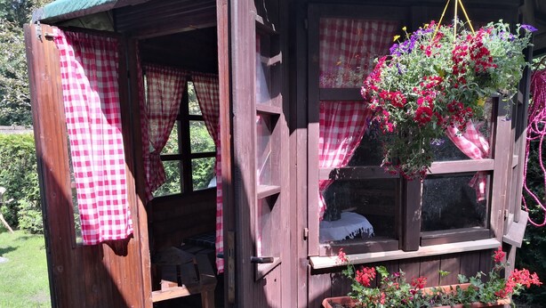 A wooden cabin with a checkered curtain, a bed, and a hanging flower pot. - Charming apartment between Bremen and Bremerhaven (Hagen im Bremischen)