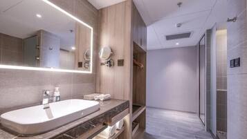 Shower, hair dryer, bathrobes