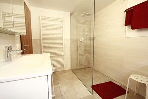 Douche, sèche-cheveux, serviettes fournies, savon