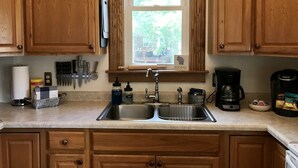 A kitchen with wooden cabinets, a double sink, and a window above the sink. - Historic 1880s Home (Osceola)