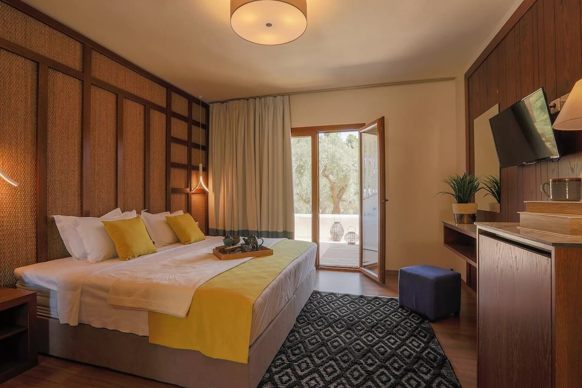 A bedroom with a bed, bedside tables, a TV, a desk, and a view of the outdoors.