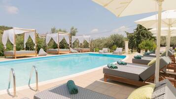 Seasonal outdoor pool, open 8:00 AM to 7:00 PM, pool umbrellas