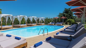 Seasonal outdoor pool, open 8:00 AM to 7:00 PM, pool umbrellas
