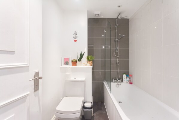 Combined shower/bathtub, hair dryer, towels, shampoo