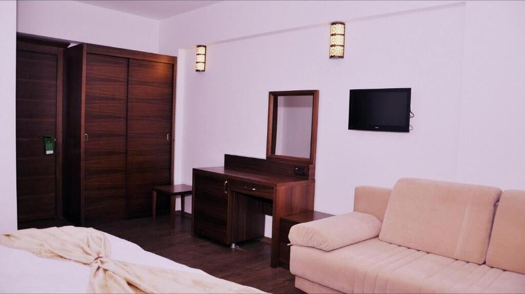 Un dormitorio con cama, cómoda, espejo, televisor y sofá.