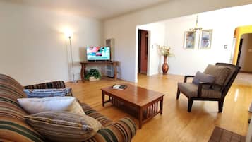 Smart TV, fireplace, books