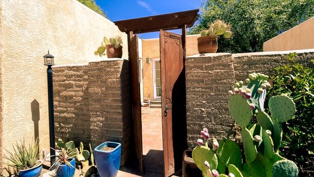 Puerta de madera que da a un patio con cactus en macetas y un muro de piedra.