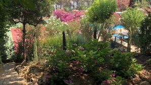 A garden with a stone pathway, various flowering plants, and a pool area in the background. - Splendid Valley & Sea View (Broumana)