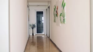Um corredor com uma porta no final, uma planta e obras de arte nas paredes.