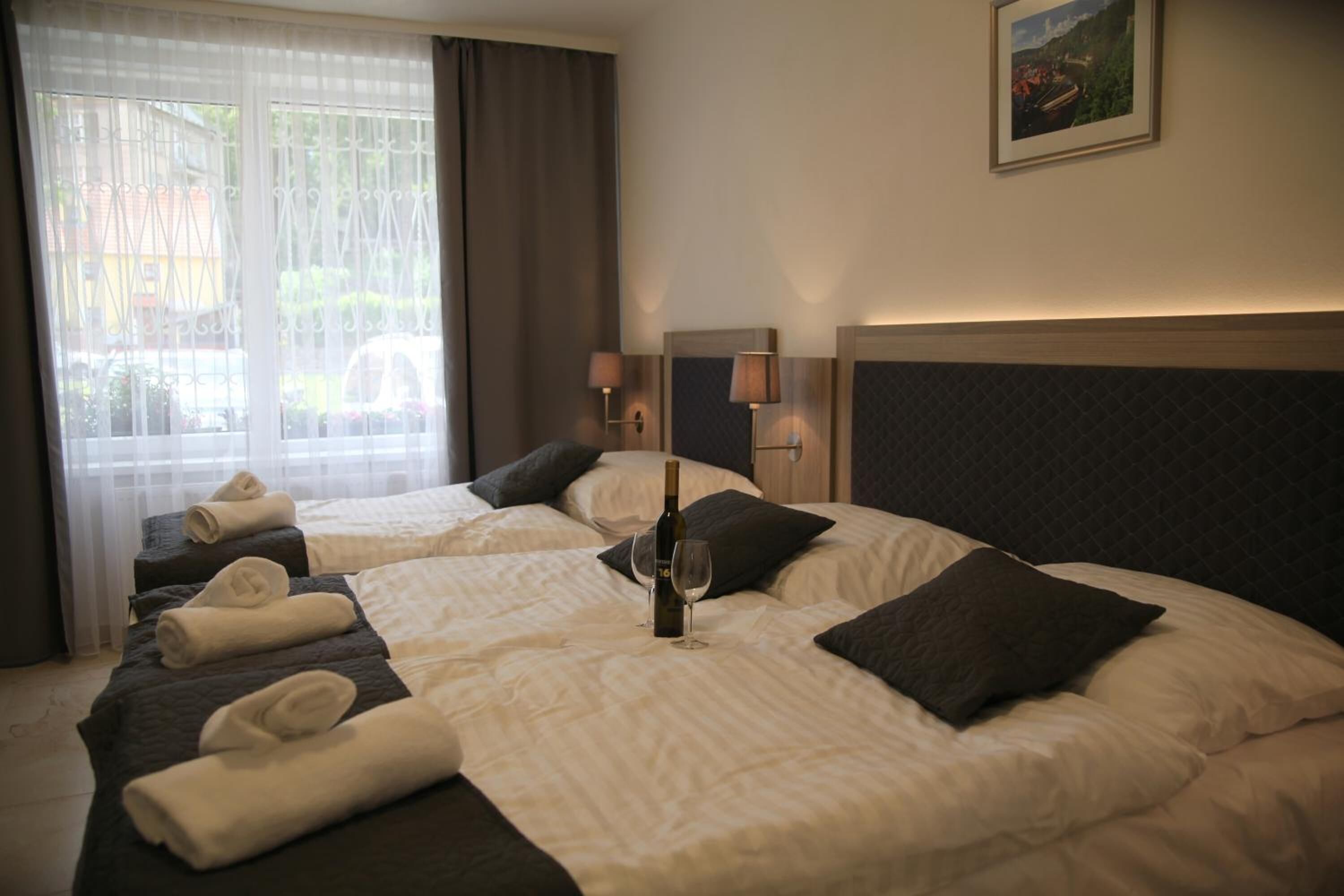 desk, laptop workspace, blackout curtains, free wifi