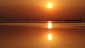 A sunset over a flat landscape with wind turbines in the distance.