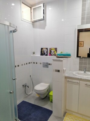 Dusche, Haartrockner, Seife, Shampoo