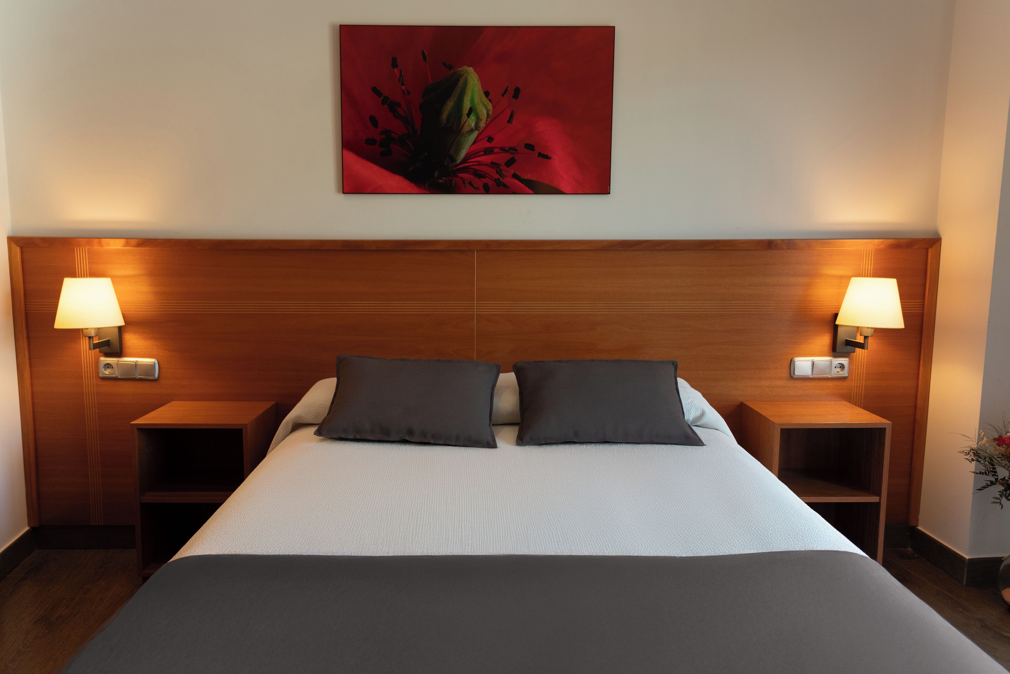 Una habitación de hotel con una cama grande, dos mesitas de noche con lámparas, un cabecero de madera y un cuadro colgado en la pared.