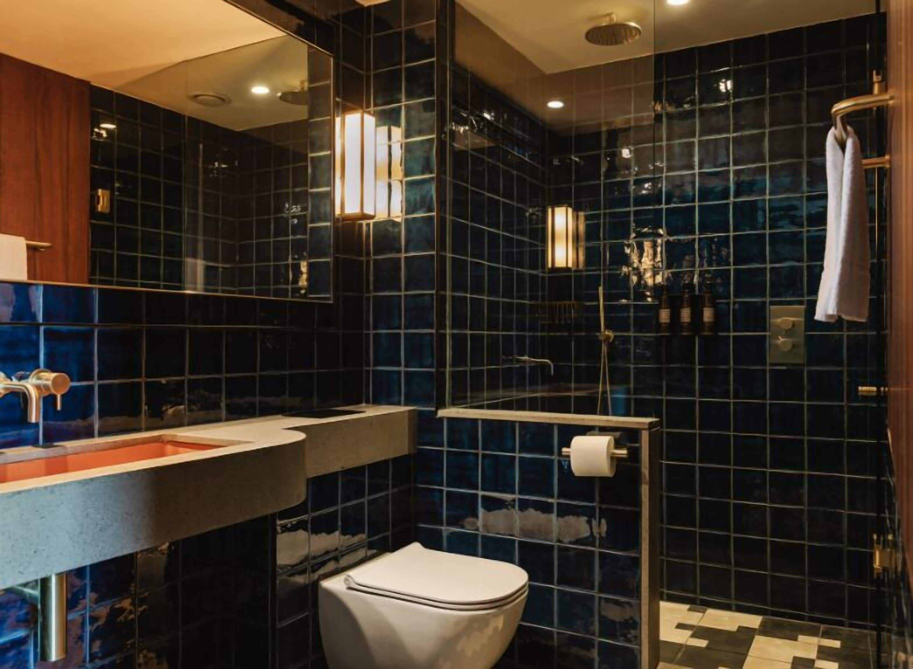 rainfall showerhead, designer toiletries, hair dryer, towels