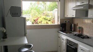 A compact kitchen with white cabinets, a built-in oven, a stovetop, and a window overlooking greenery. - The Odile Pool Suite (Le Lamentin)