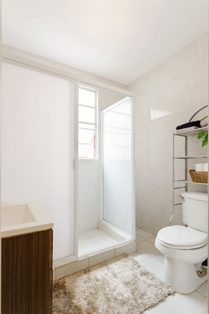 Shower, towels, toilet paper